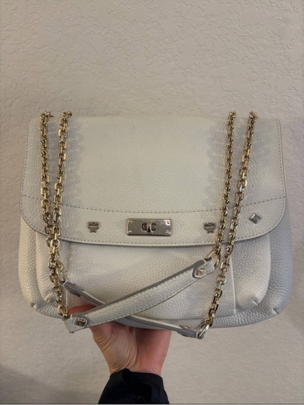 White Leather MCM Chain-Strap Shoulder and Crossbody Bag